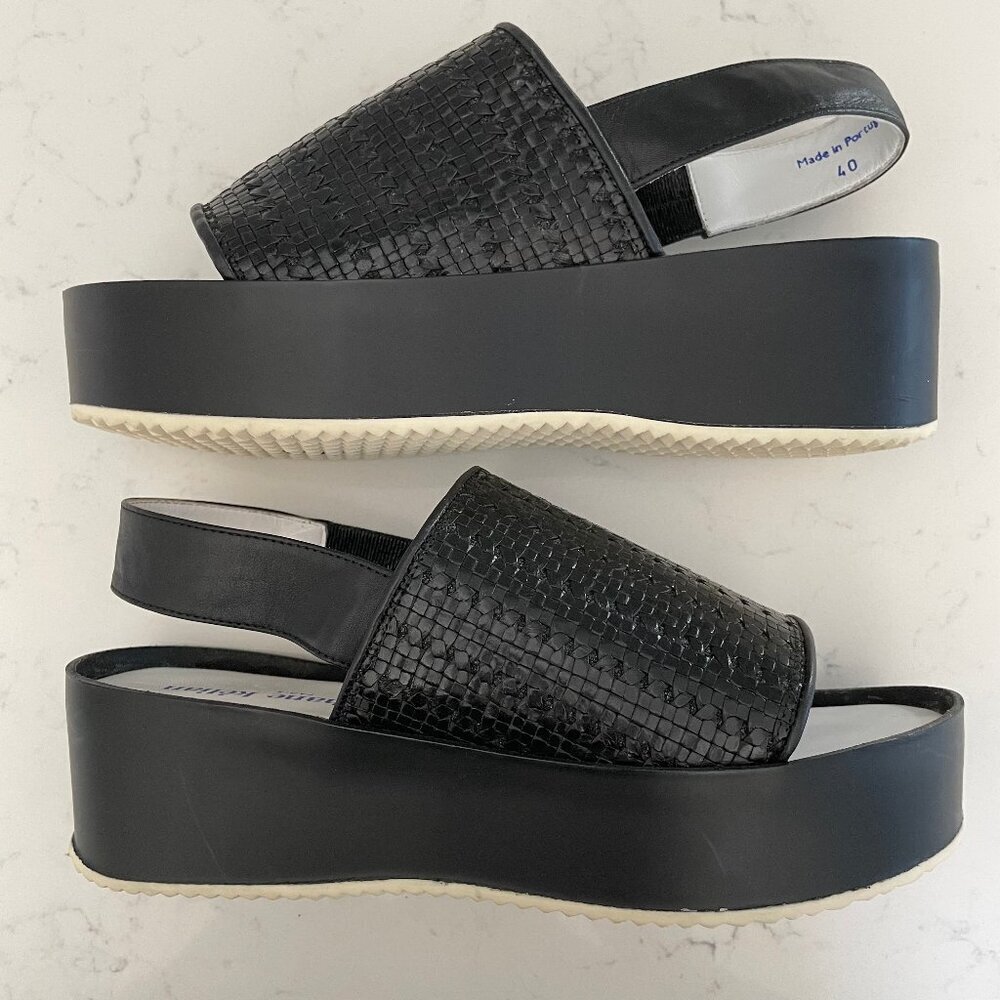 Stephane Kelian Paris Woven Sling Back Platform Sandals Black + White Sz 40